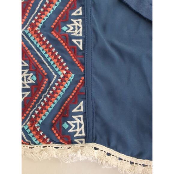 Takara Blue Cream Teal Boho Long Sleev Blouse Tassels Embroidered Womens Size S - Picture 3 of 5